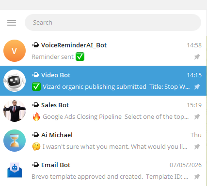 Telegram chat list showing Video Bot with publishing confirmation