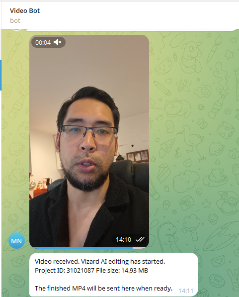Video Bot receiving a video and starting AI editing